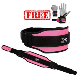EVO Fitness Weight Lifting Belt 5.5” Neoprene Padded Back Lumbar Support Home Gym Training Exercise Workout Bodybuilding Powerlifting Deadlifts Squats with 18" Weight Lifting Wrist Wrap (Pink, Small)