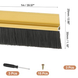 PATIKIL Door Brush Sweeps 1.18" Bristles x 39.37" Long, 3 Sets H-Shape Aluminum Alloy Holder Brush Sweep for Bottom of Door Seal Garage Weather Stripping, Gold/Black
