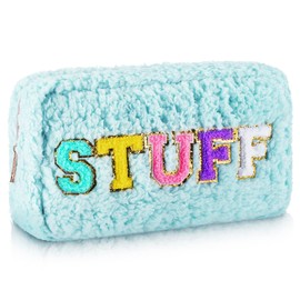 Chenille Letter Makeup Bag – White Polar Fleece Cosmetic Pouch with “Stuff” Glitter Patch – 23x16x7cm Zipper Travel Organizer for Women – Cute Toiletry Case for Gifts, Accessories, and Daily