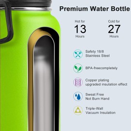 koodee Insulated Water Bottle, 32 oz Stainless Steel Double Wall Vacuum Wide Mouth Sport Bottle with Leakproof Spout Lid (Apple Green)