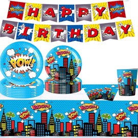 Superhelden Partygeschirr Set, Partygeschirr Kindergeburtstag,Kindergeburtstag Deko,Geburtstag Deko,Party Geschirr für 10 Gäste (Blau-2)