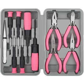 Hi-Spec 11pc Pink Womans Compact Crafts & Home DIY Repair Hand Tool Kit Set with Pliers, Cutters and Precision Screwdrivers for Ladies