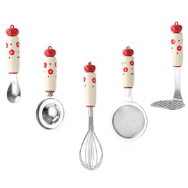5 Pcs Mini Kitchen Utensils Set Cute Stainless Steel Egg Whisk, Potato Masher, Egg Separator, Skimmer, Spoon Cooking Tools