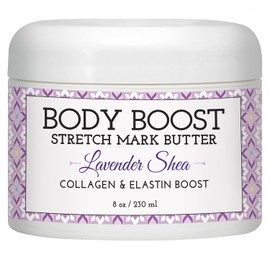 Body Boost - Mantequilla elástica de lavanda y vainilla (8 onzas), tratamiento de estrías y cicatrices, seguro para embarazo y lactancia, con manteca de karité