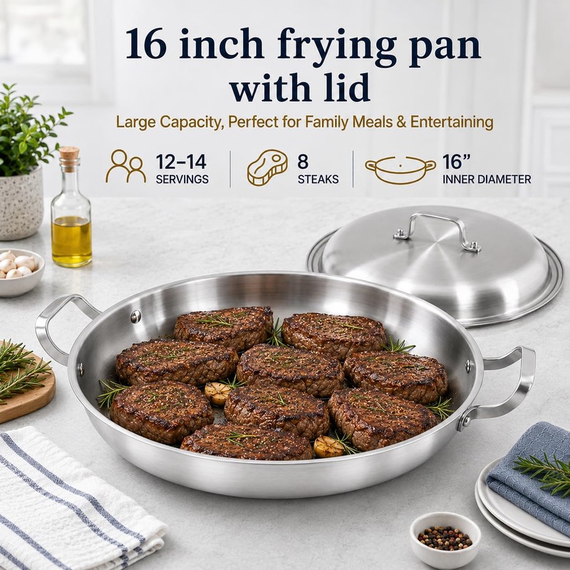 Yeksum 16 Inch Stainless Steel Paella Pan,18/10 Large Skillet，Frying Pan