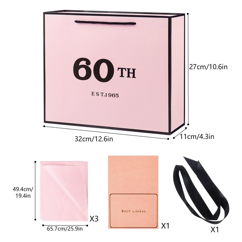 60th Birthday Gift Bag Pink with Tissue Paper
