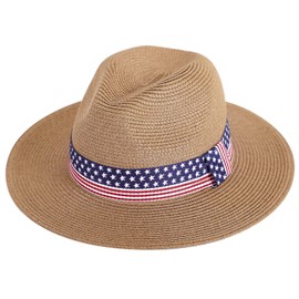 Wide Brim Straw Panama Hat - Stylish Lightweight, Breathable Men's & Women's Fedoras Provide Excellent UV Protection - Perfect Beach, Pool, Festival, Vacation, & Resort Wear - Flag Belt - Light Brown
