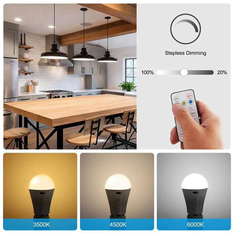 Powfloven E26 Rechargeable Light Bulbs with Remote and USB Charging,