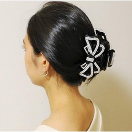 RINKALAND Hair Claw That Holds Firmly, Large, Rhinestones, Glamorous Hair Clip, Glitter, Adult, Cute, Hair Clip, Ribbon Type (M Size)