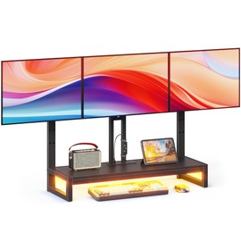 YAOHUOO Monitor Stand Arm with LED Light,Adjustable Desk Monitor Mount for 3 Screens, Heavy Duty Fully Stand Riser with Clamp, Storage Shelf for Office,Living Room