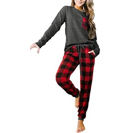 Artfish Women's Loungewear Outfits Pjs Long Sleeve Tops and Buffalo Plaid Joggers Pants Pajamas Set with Pockets (Black-Red Plaid,M)