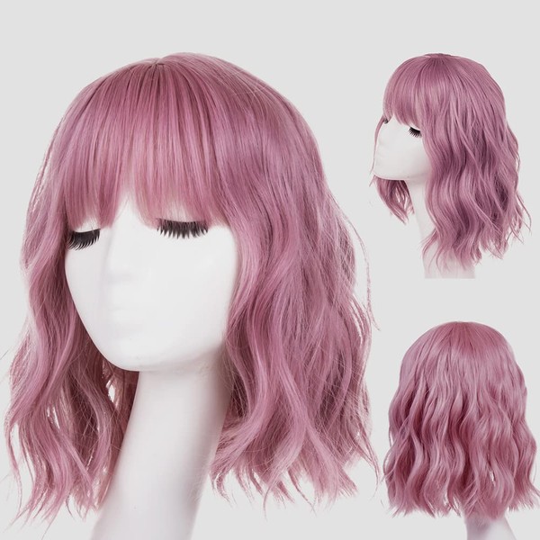 Leeven 12" Rouge Pink Wavy Synthetic Wigs with Bangs Short Bob Style Wigs for Women Daily Heat Resistant Shoulder Length Hair Wig Pink Cosplay Wig (YF#)
