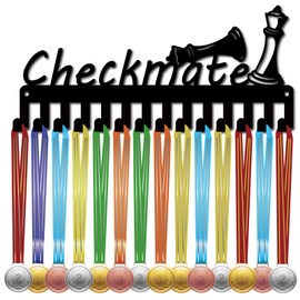 CREATCABIN Chess Medal Holder Medal Hangers Display Rack Sports Hanging Athlete Awards Iron Small Metal Wall Mount Decor with 14 Hooks for International Chess Medals Black 11.4 x 5.1 Inch-Checkmate