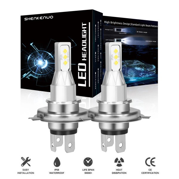 SHENKENUO 2pcs Motorcycle H4 9003 LED Headlight Hi/Low Beam 6500K