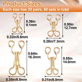 Hzopcw 80 Pairs Sewing Hook and Eye Closures for Clothing, Metal Bra Hooks Replacement Set, 9.1/12.7/14/16.3mm Sew on Snap Clasps for Bra Skirt DIY Crafts- Gold