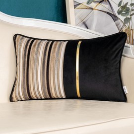 Yangest Black Striped Patchwork Throw Pillow Cover Gold Leather Cushion Cover Zippered Rectangular Pillowcase for Sofa Couch Bedroom Living Room Home Decoration, 12x20 Inch
