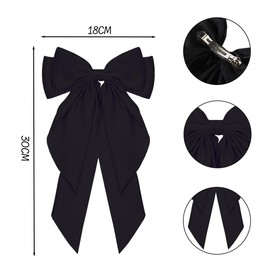 2 Pack Big Bow Hair Clips for Women - Long Silky Satin Ribbon French Barrettes, Solid Color Hairpin Clips with Metal Fastener for Girls, Party and Daily Use (Black + White)
