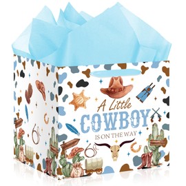 12" Square Extra Large Cowboy Baby Shower Birthday Gift Bag for Baby Boys A Little Cowboy is On The Way Bag with Wrapping Paper Wild West Western Rodeo Gift Bag for Baby Shower Bday Party Supplies