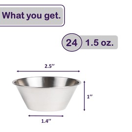 Pequeñas tazas de salsa, de acero inoxidable Ramekin Dipping Sauce, tazas de condimento individuales redondas de grado comercial (24 de 1.5 oz)