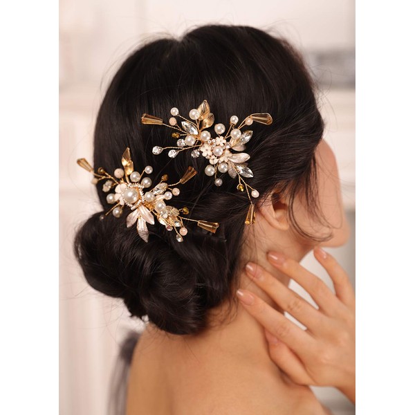Kercisbeauty Gold Leaf Champagne Crystal Hair Comb Set Wedding Bridal Hair Styling Art Deco Boho Jewelry