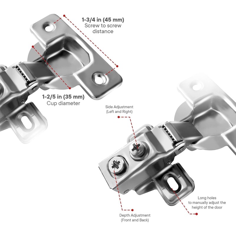Berta 10-Pack, 1/2" Overlay Hinges, 45mm Stainless Steel Quiet 3D