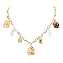 Gold Charm Necklace for Women White Pearl Choker Necklace Gold Head Portrait Square Pendant Necklace Boho Charm Necklace Beach Necklace Jewelry (A Style)