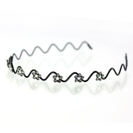 Decorative Headband Flowers Wavy Wire Rhinestone Crystal Headband, Black