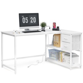 JOINHOM L-Shaped Desk with Drawers - 55 in Reversible White Office Desk for Home Office, Computer Desk with Storage for Bedroom, L-Shaped Computer Desk with USB Ports and Bookshelf