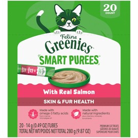 Greenies Feline Smart Purees Skin & Fur Health Lickable Cat Treats with Real Salmon, 0.49 oz. Tubes, 20 Count