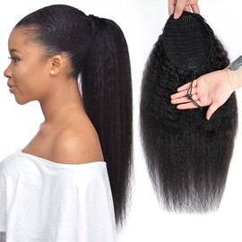 Kinky Straight Ponytail Extensions Human Hair Wrap Drawstring Adjustable Clip In Pony Tail Yaki Curl Natural Black (20")