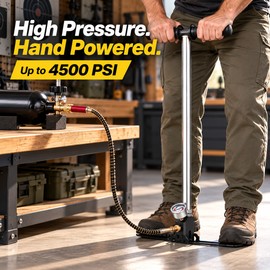 4500 PSI 3-Stage High Pressure Hand Pump with Gauge, 19.7 Inch Hose and Foldable Pedal