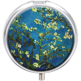 Pill Box 3 Compartment Medicine Pill Case,Portable Pill Box for Pocket or Purse Pill Box Decorative Metal Medicine Vitamin Organizer Unique Gift(Van Gogh Almond Blossom)