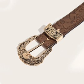 TTPSRY Women's Wide Leather Waist Belt with Elegant Buckle and Fine Floral Pattern Vintage Adjustable Waist Belt, gold