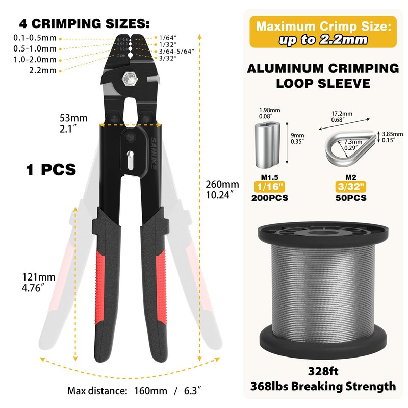 Sanuke Wire Rope Crimp Kit, 328ft 1/16 Inch Wire Rope
