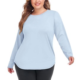COOTRY Plus Size Workout Tops for Women Long Sleeve Shirts Breathable Dry Fit Athletic Gym Yoga Clothes Lake Blue 1XL
