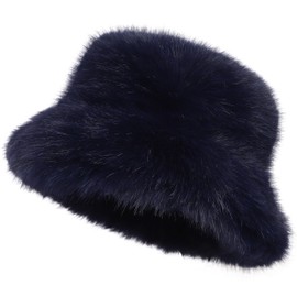 La Carrie Women's Fuzzy Wide Brim Faux Fur Bucket Hat Winter Warmer Fisherman Cap(Navy)