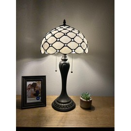 enjoy decor lamps Tiffany Table Lamp White Stained Glass Crystal Beans LED Bulbs Included for Living Room Bedroom Bedside 12" W*12" D**22" H