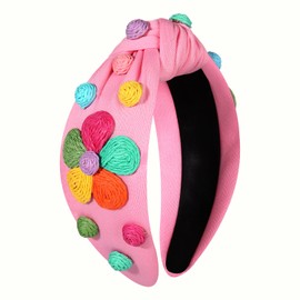 NVENF Raffia Flower Headbands Summer Headband for Women Boho Straw Rattan Floral Knotted Headbands Colorful Summer Hair Accessories Beach Vacation Outfits Gifts (Flower A-Pink)