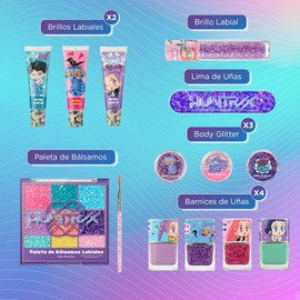 Maquillaje para Niñas de Las Guerreras KPOP, Estuche con Espejo, Sombras, Brillos Labiales, Esmaltes, Brillo Corporal, Lima y Brocha, Set de Cosméticos Infantiles Seguro y Divertido
