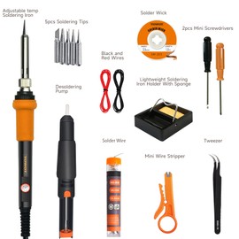 TOWOT Soldering Iron Kit, Electronic Soldering Iron 60W Adjustable Temperature, Deoldering Pump, Tin Wire, Solder Wick, Tweezers, Soldering Iron Tips Set, Soldering Iron Stand, Wire Strippers