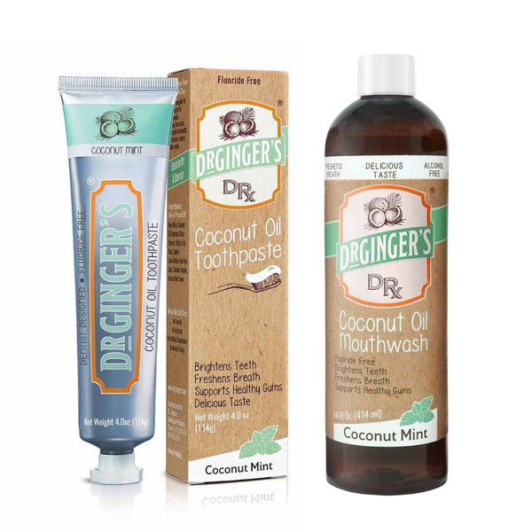 Dr. Ginger's Coconut Oil Care 2pc Bundle, All-Natural Toothpaste (4oz) & Mouthwash (14fl oz) for Fresh Breath, Gum Health, Brightening, & Plaque Prevention, Ultimate Oral Care, Coconut Mint Flavor