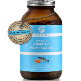 QIDOSHA® Omega 3 Fish Oil Capsules with EPA and DHA, High Dose, 180 Pieces in a Glass, 1000 mg Premium Fish Oil (TG) with 500 mg EPA and 250 mg DHA, Omega 3 Fatty Acids from Sustainable Fishing,