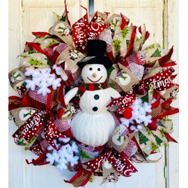 24" Diameter Mesh and Ribbon Front Door Wreath with Plush Knitted Snowman with Top Hat Insert for Christmas and Winter