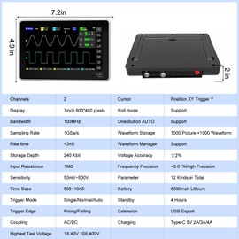 1013D Plus Oscilloscope, Portable Handheld Tablet Oscilloscope with 100X High Voltage Probe, 2 Channel 100Mhz Bandwidth 7" TFT LCD Touch Screen 1GSa/s Sampling Rate