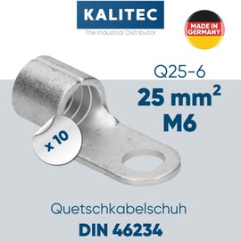 Pack of 10 Kalitec Q25-6 crimp cable lugs, 25 mm², M6, uninsulated, mandrel pressing, for multi, fine and finest stranded conductors, cable lug 25 mm² according to DIN 46234