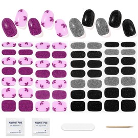 DUKASOU Semi Cured Gel Nail Strips, (Glitter Black/Powder) 56 Pcs Gel Nail Wraps,Stickers Works with Any UV/LED Lamps,Long Lasting,Salon-Quality, Easy to Apply