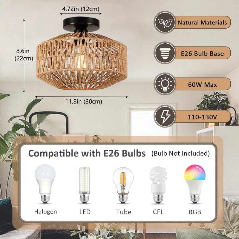 SEIHONG Rattan Ceiling Light Rustic Semi Flush Mount Ceiling Light
