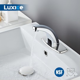 Luxice Touchless Bathroom Sink Faucet Automatic Motion Sensor Hands Free Commercial Faucets Chrome with Hot & Cold Temperature Mixing Valve Battery Operated