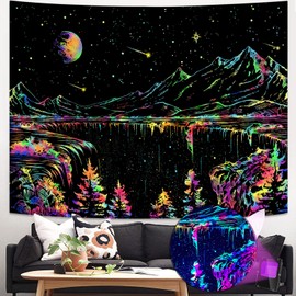 Zussun Blacklight Mountain Tapestry Starry Night Tapestries for Bedroom Aesthetic Moon and Stars Tapastry Wall Hanging Glow in The Dark Nature Forest Wall Tapestry for Living Room Dorm (60'' × 44'')