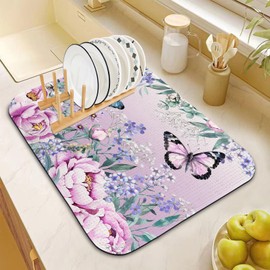 Dish Drying Mat for Kitchen Counter 18x24 Inch, Super Absorbent Dish Drainer Mat, Decorative Microfiber Dishes Drying Pad-Large(Purple Butterfly)